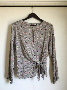 Retro Disco 70s Paisley 100% Rayon Asymmetrical Tie Waist Plunging V-neck Top L